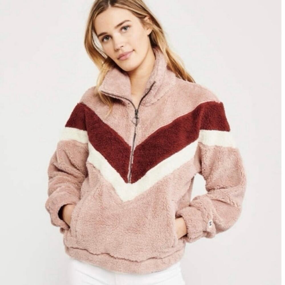 Abercrombie Sherpa Pullover Pink Red Chevron Quarter Zip Fleece Womens XXS